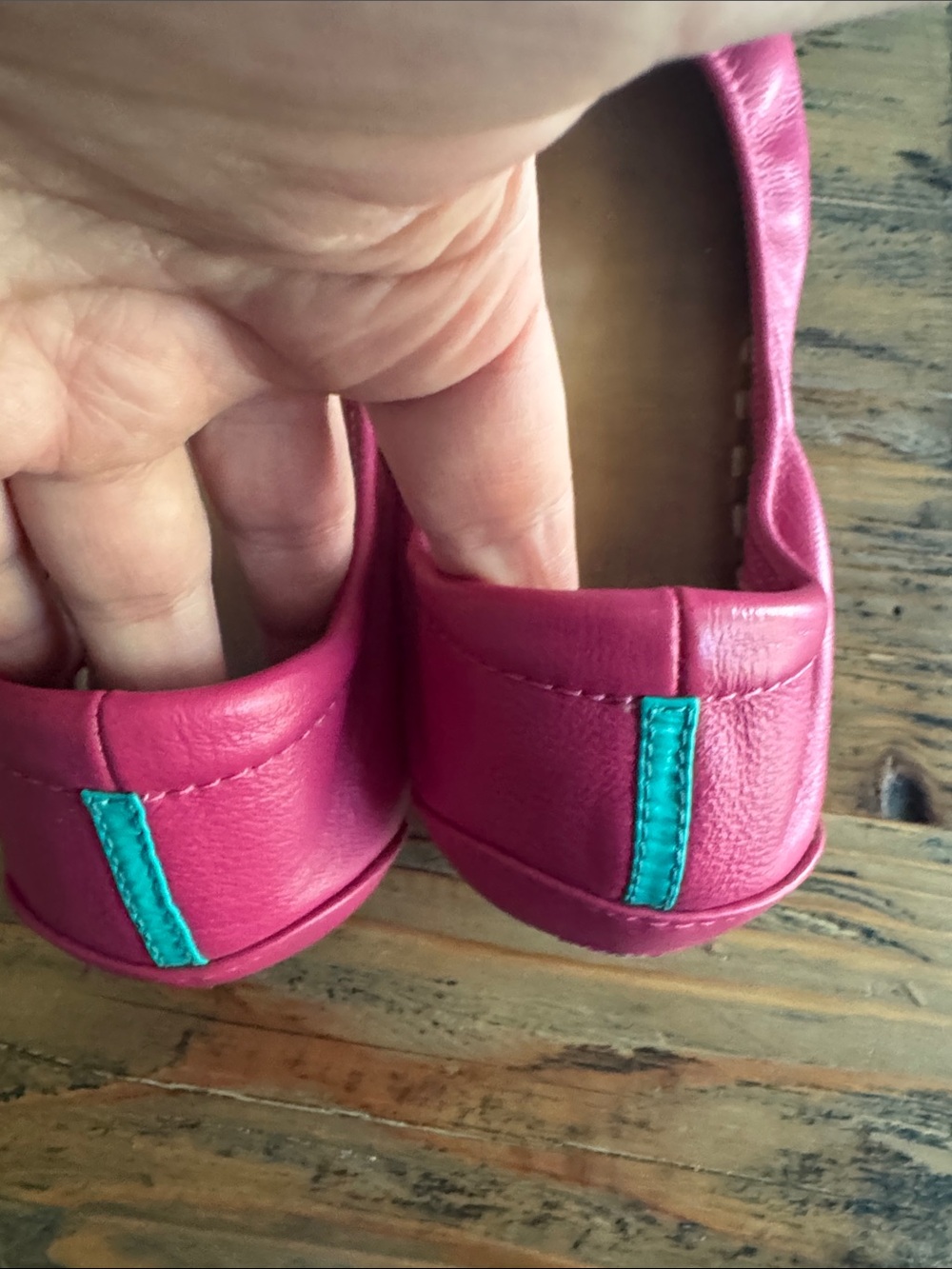 Women's Pink Leather Ballet Flats with Turquoise Heel Tab - Picture 7 of 8